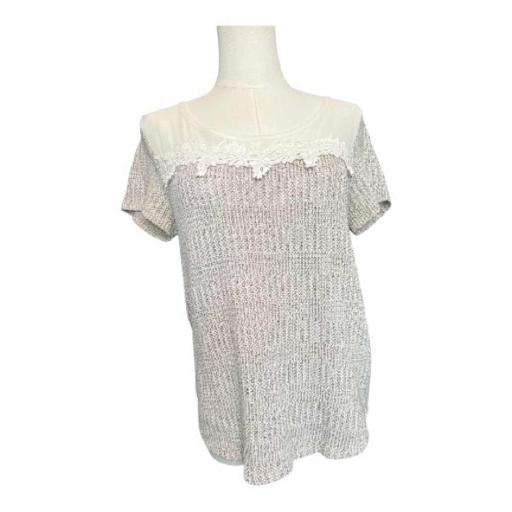 🤎✨ EUC LAVISH Tan & Gray Knit Top with Sheer Lace Detail | Sz L